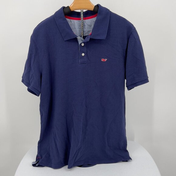 Vineyard Vines Mens Polo Shirt L Large 100% Cotton Solid Blue Red Logo Short Sle - Picture 2 of 7